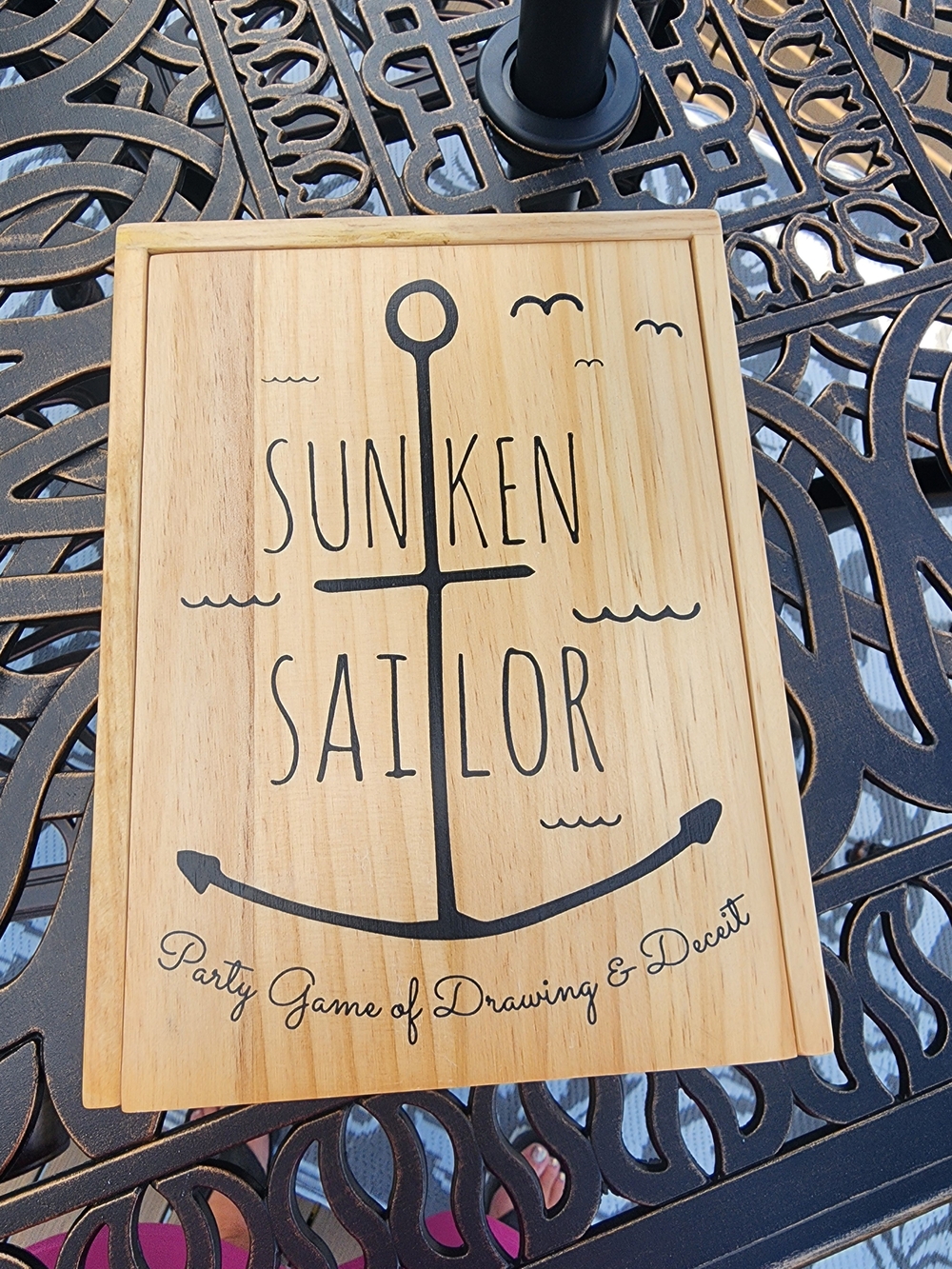 Sunken Sailor Game In Wooden Box Natural Wood with Black Graphics Party Game